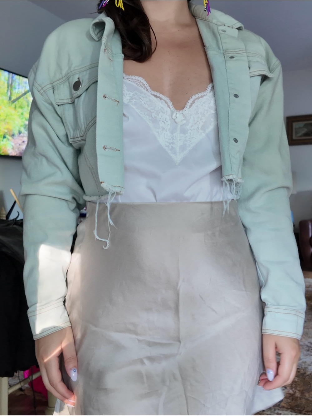 Lulus Mint Denim Cropped Jacket